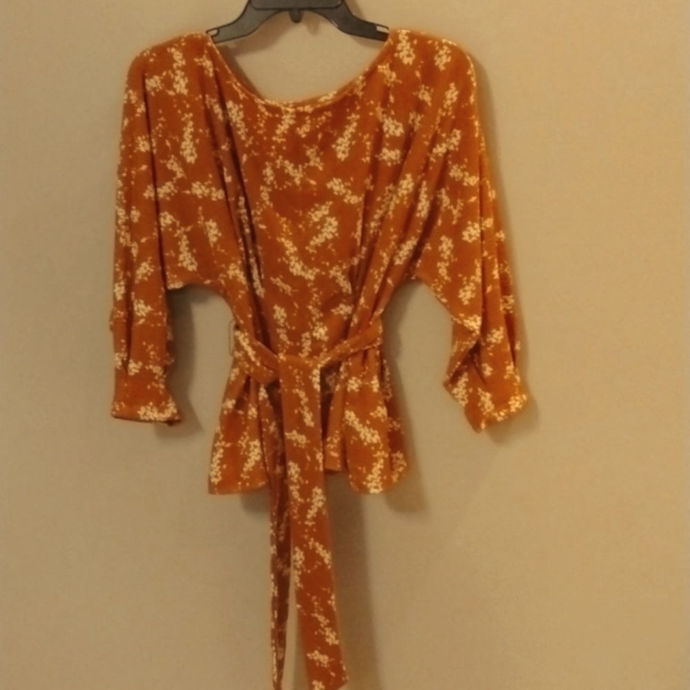 Anthropologie Amber Dolman mustard yellow floral tie waist 3/4 sleeve top XS